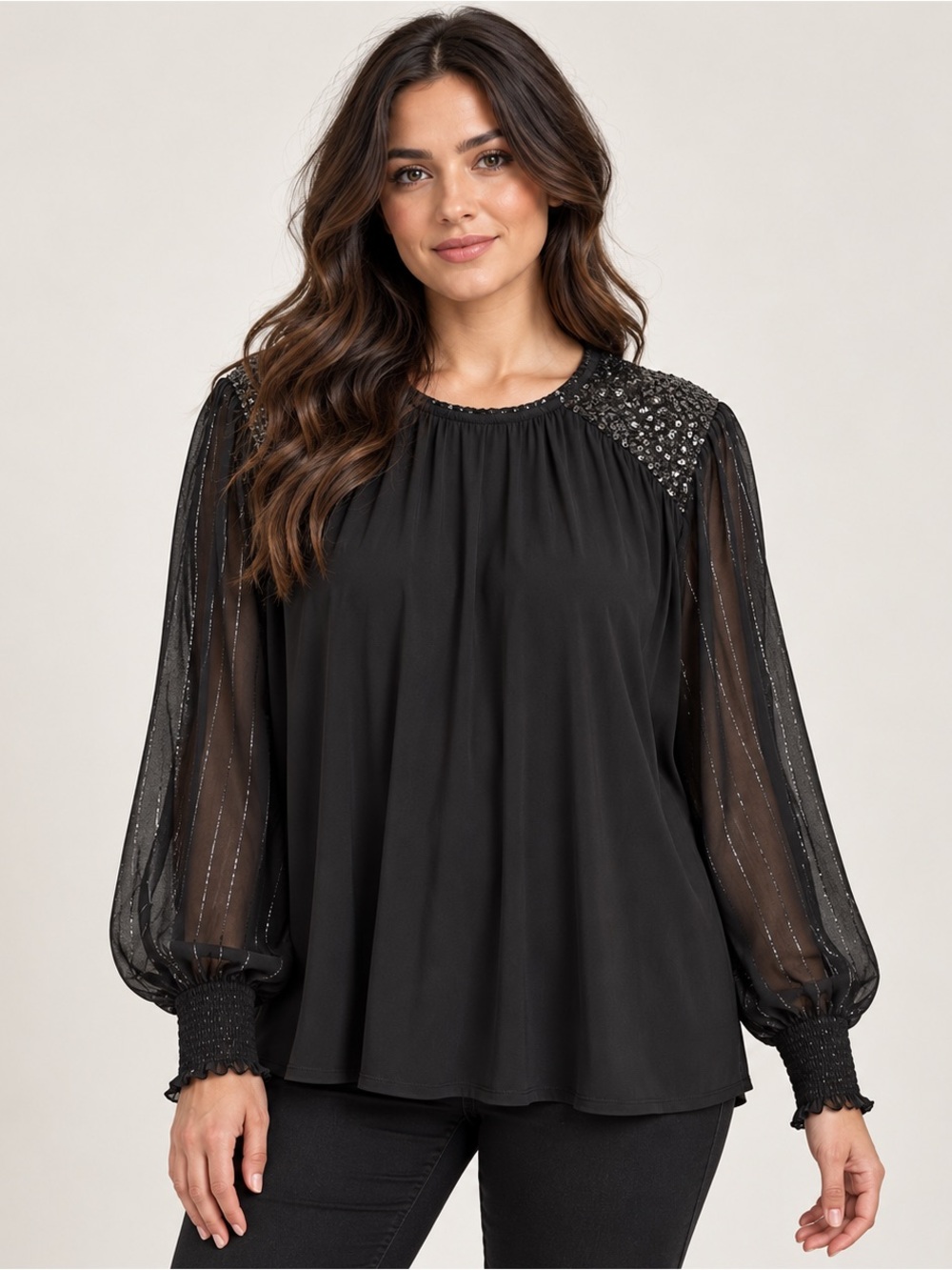 Blank London Black Sequin Lurex Balloon Sleeve Blouse Size XL NWOT